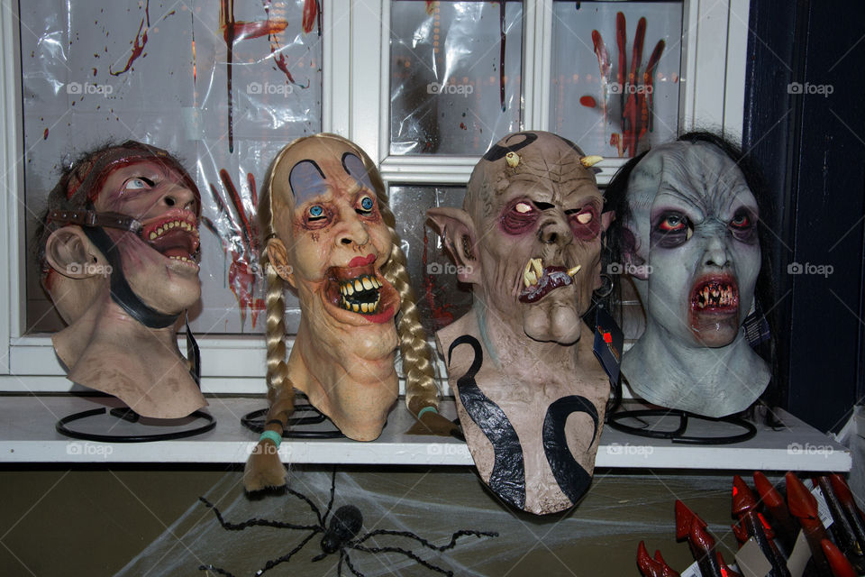 Scary halloween masks and costumes.