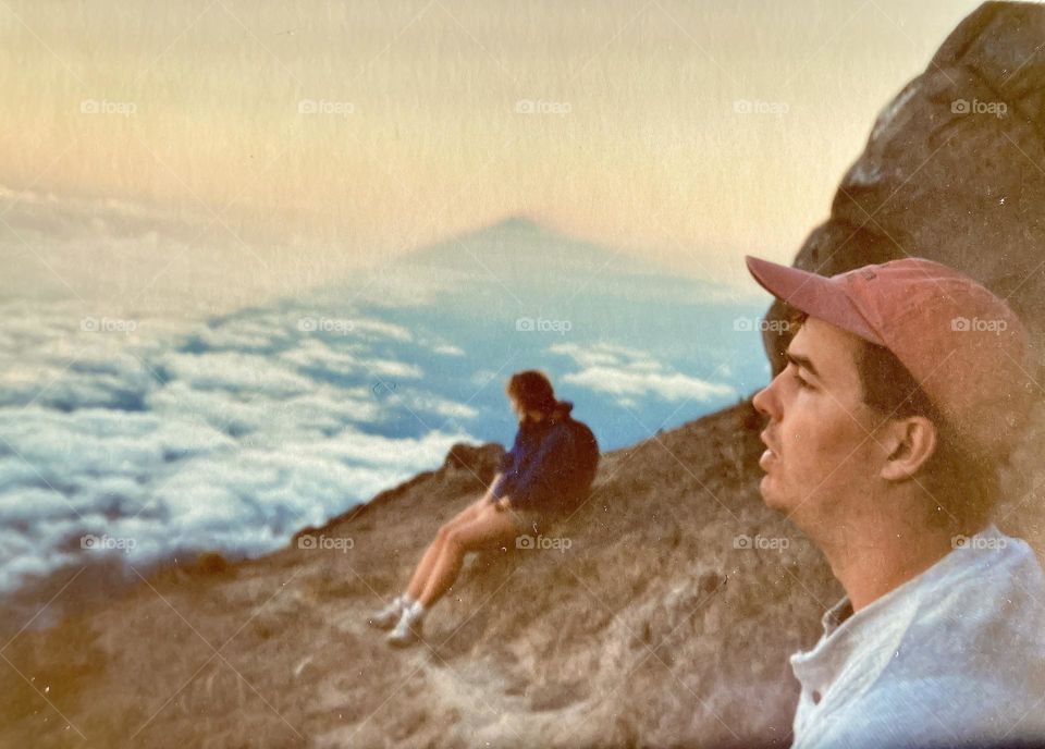 Searching for air on top of Ganung Agung with the peak shadow on the horizon.