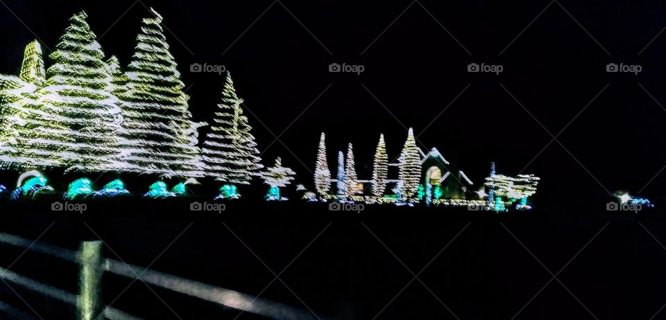 Dazzling Christmas lights, light the dark landscape on an old country road creating a festive winter wonderland.