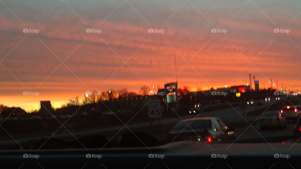 Sunset, City, Car, Street, Transportation System