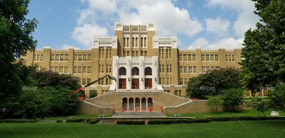 A front view of Little Rock High School in Arkansas under constuction.