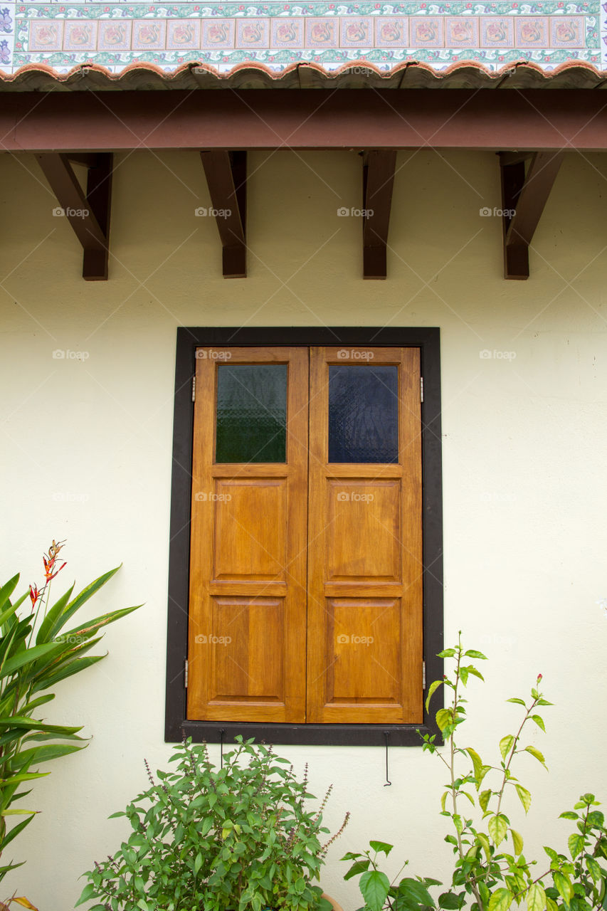 View of closed window in garden