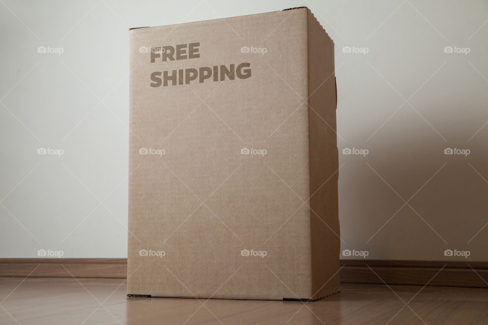 Cardboard box with written free shipping order placed on the floor in front of the house door at the time of delivery with the house door in the background. free delivery concept. transport concept.