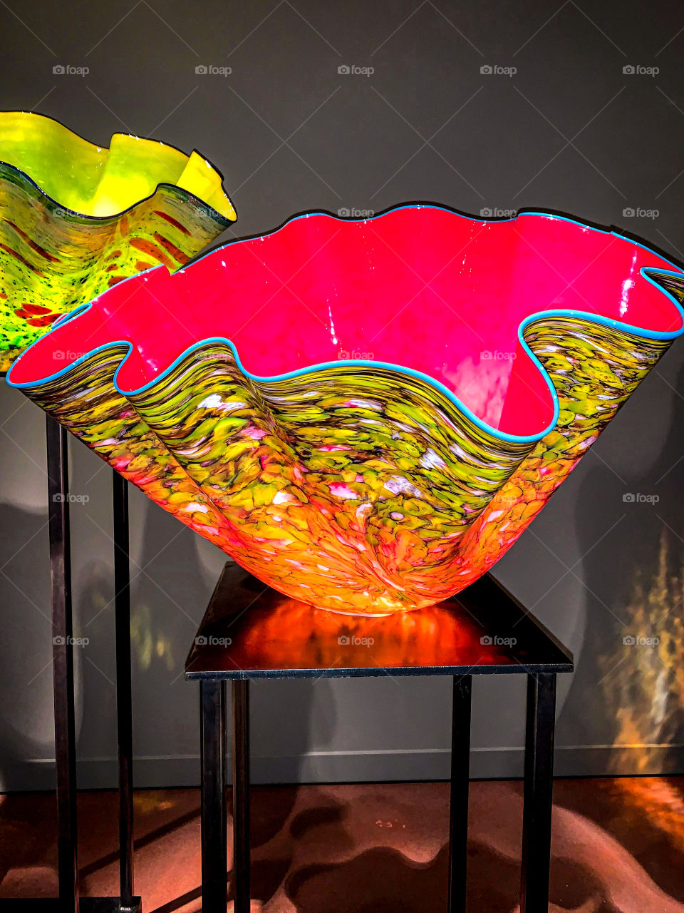  Bright, colorful Chihuly glass bowl at the Chihuly glass museum in Seattle, Washington. 