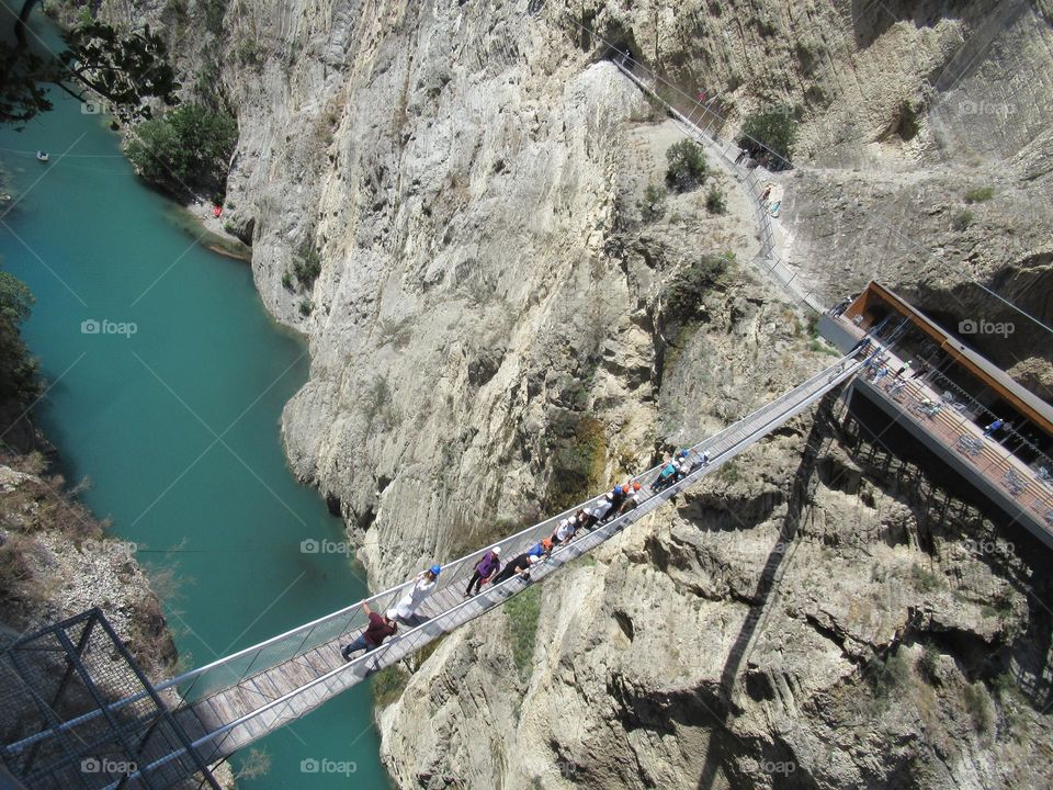 mountain gorge in the mountains of Dagestan, in Russia, mountains, river, suspension bridge
