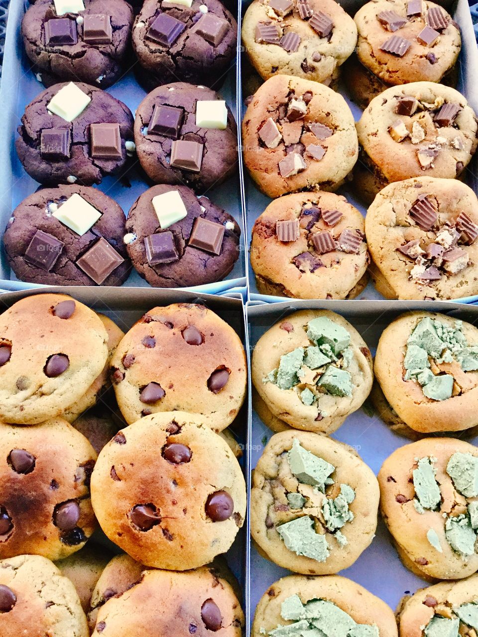 From top left to right: Triple chocolate, Reese’s, nutella-stuffed and matcha cookies.