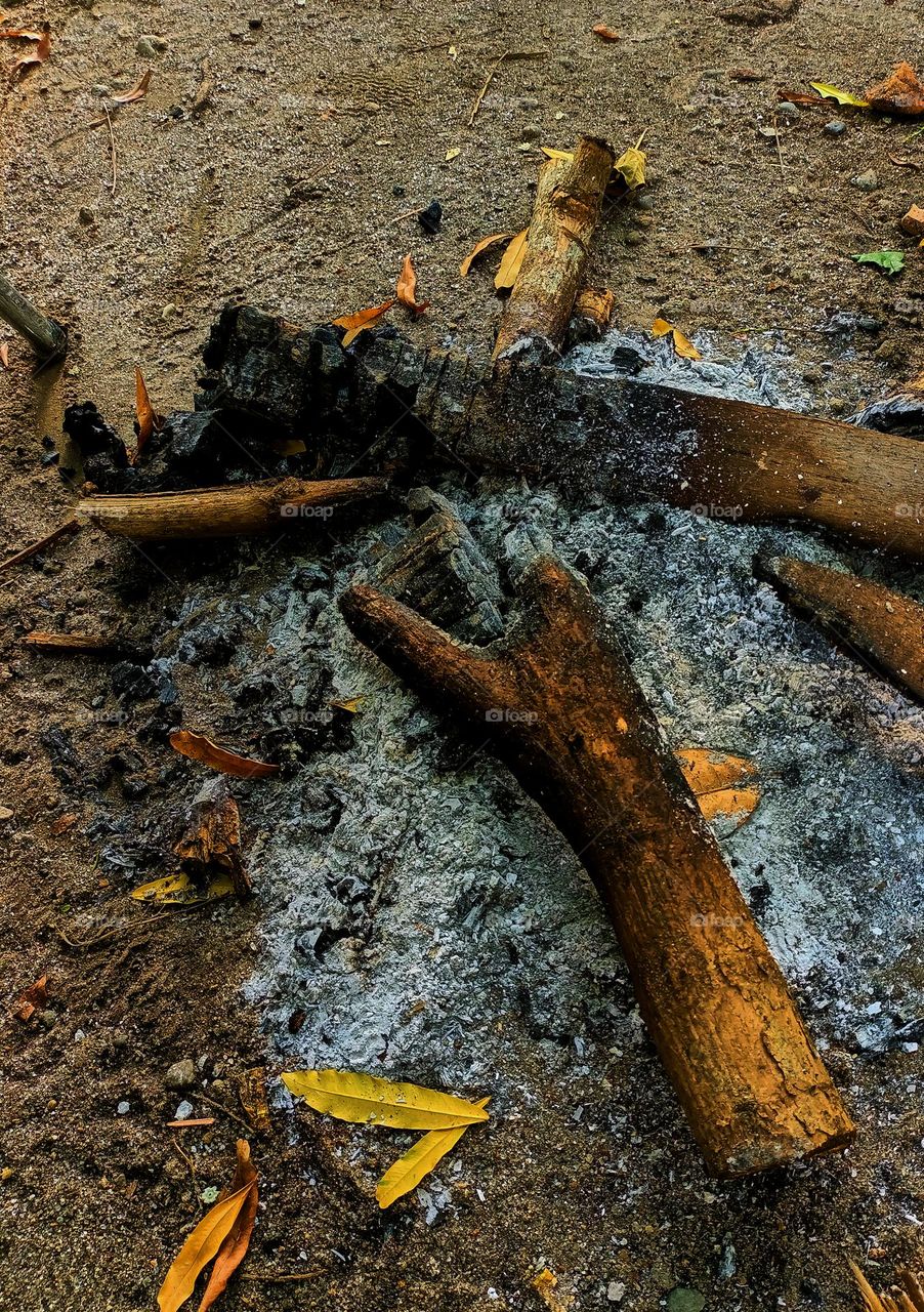 In the place for the fire, the remains of firewood are burning down and ash. Natural background 
of burnt branchescoal.