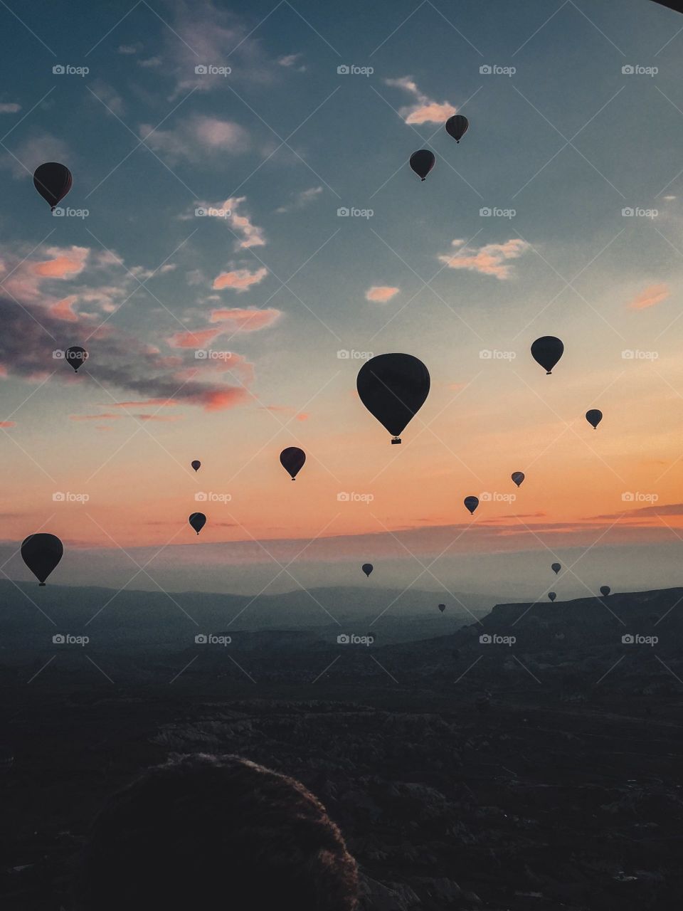 Air ballons in sky with sunset