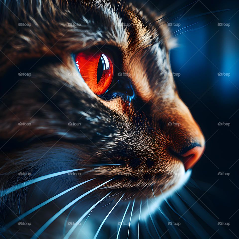 close up of a cat face with round eyes, in the style of vray tracing, photo-realistic techniques