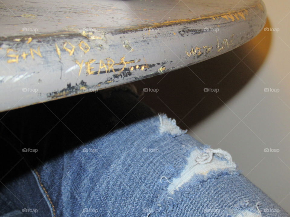 The table was a find from a thrift shop. Jeans are distressed; aren’t we all? 