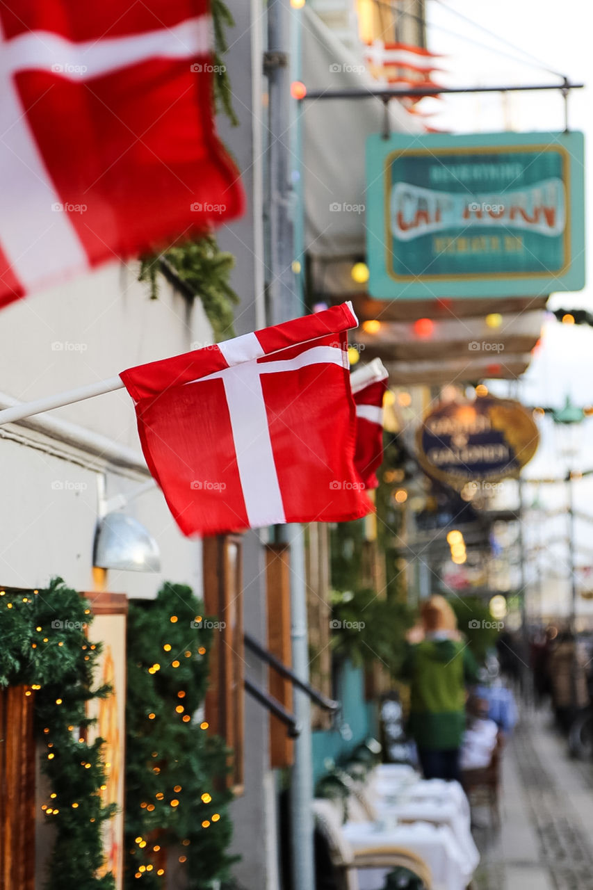 Danish flag in Nyhavn Copenhagen