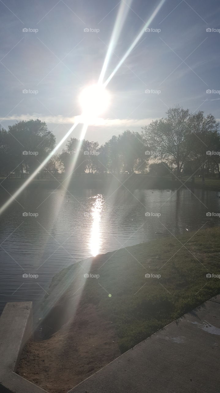 sunset over lake at the park. beautiful views and warm sun rays.  Bright sunshine make anybody happy.