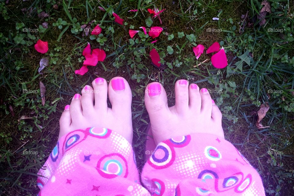 pink pajamas, petals, pink nails