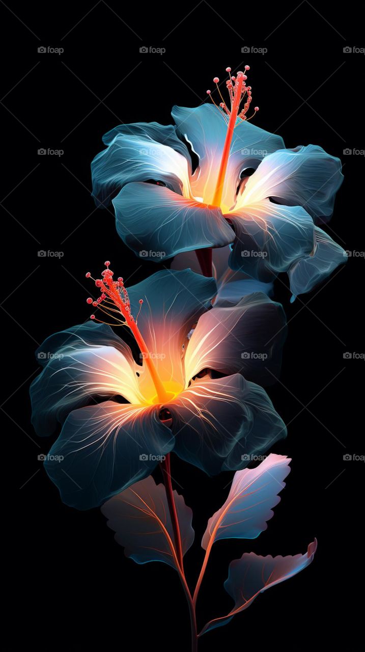 blooming light blue flowers on dark background in the style of luminescent lightscapes