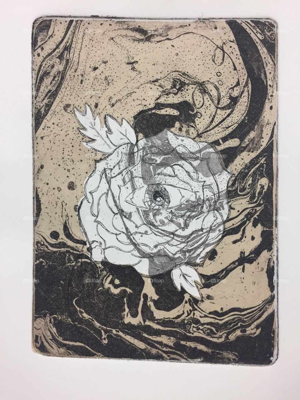 Printmaking and mixed media. This is a copper plate etching. This is a one of a kind print and was selected to be part of an art magazine. 