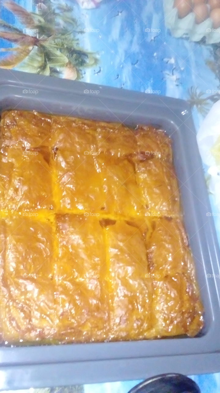 this is a greek sweet called "galaktompoureko" its homemade by me, i made it yesterday and it was amazing you should try!!!