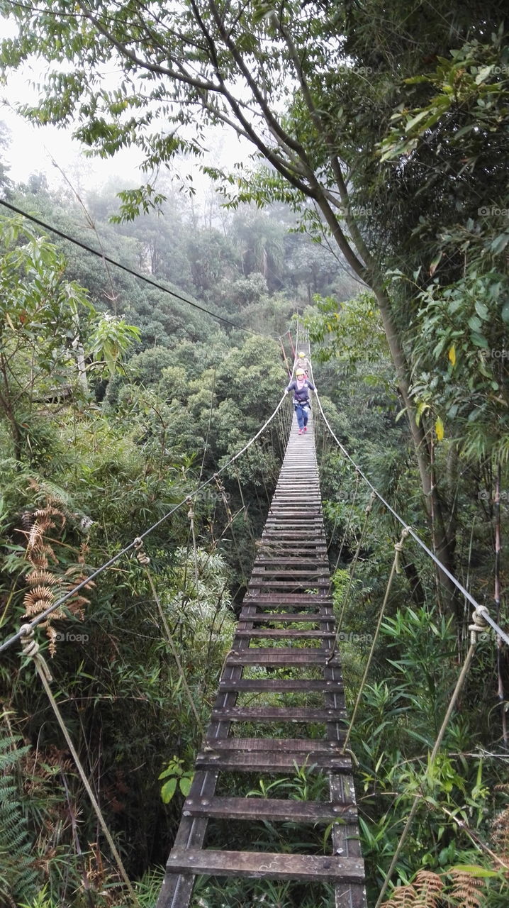Woman walking in a wood bridge 