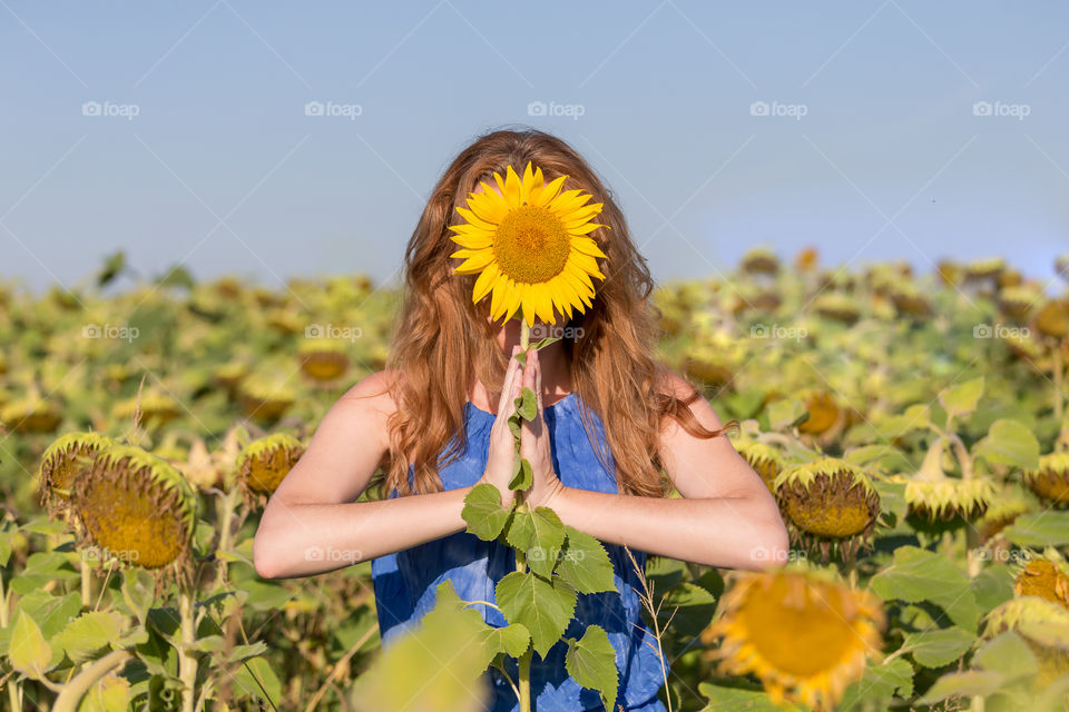 Young woman wearing blue dress holds sunflower infront of her head, contrast of blue and yellow