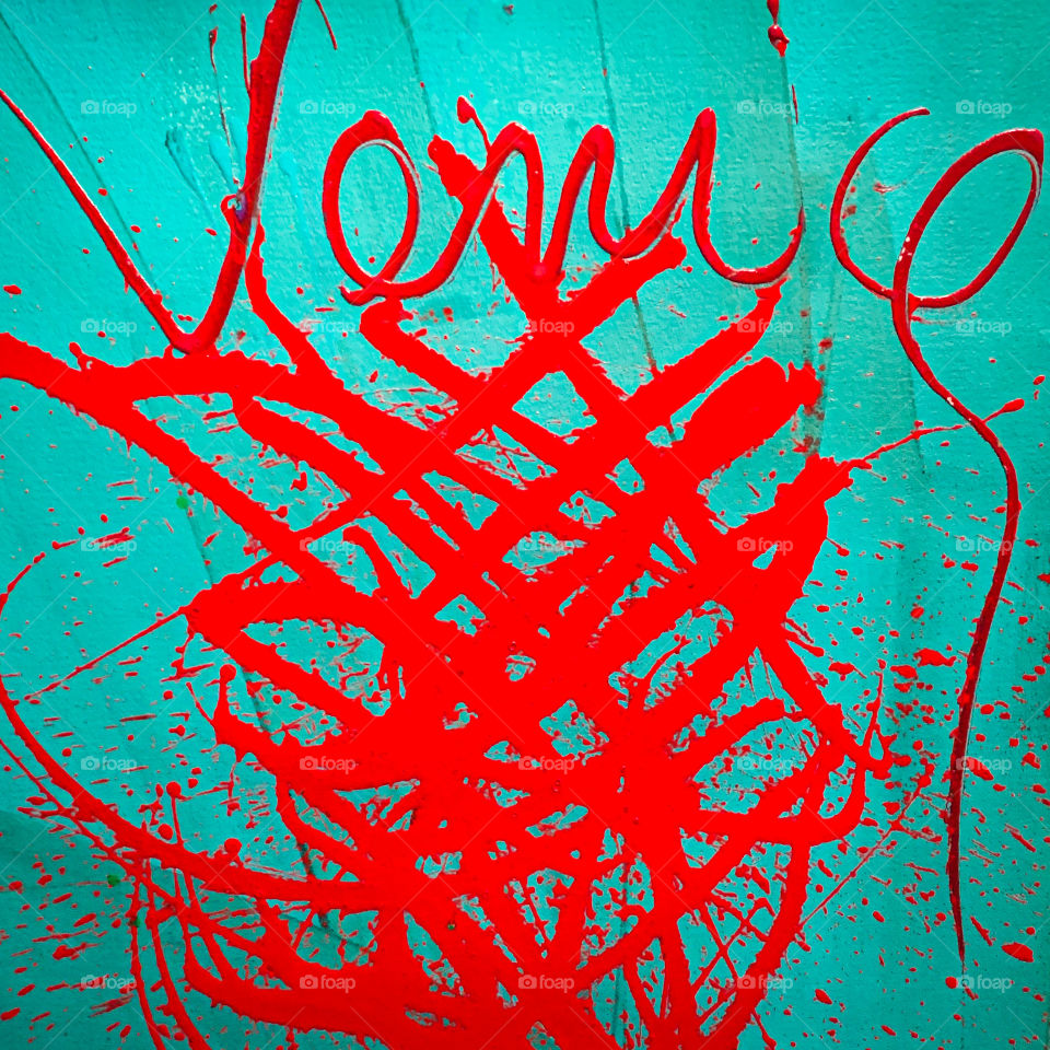 Chihuly bright red and turquoise painting at the Chihuly glass museum in Seattle, Washington. 