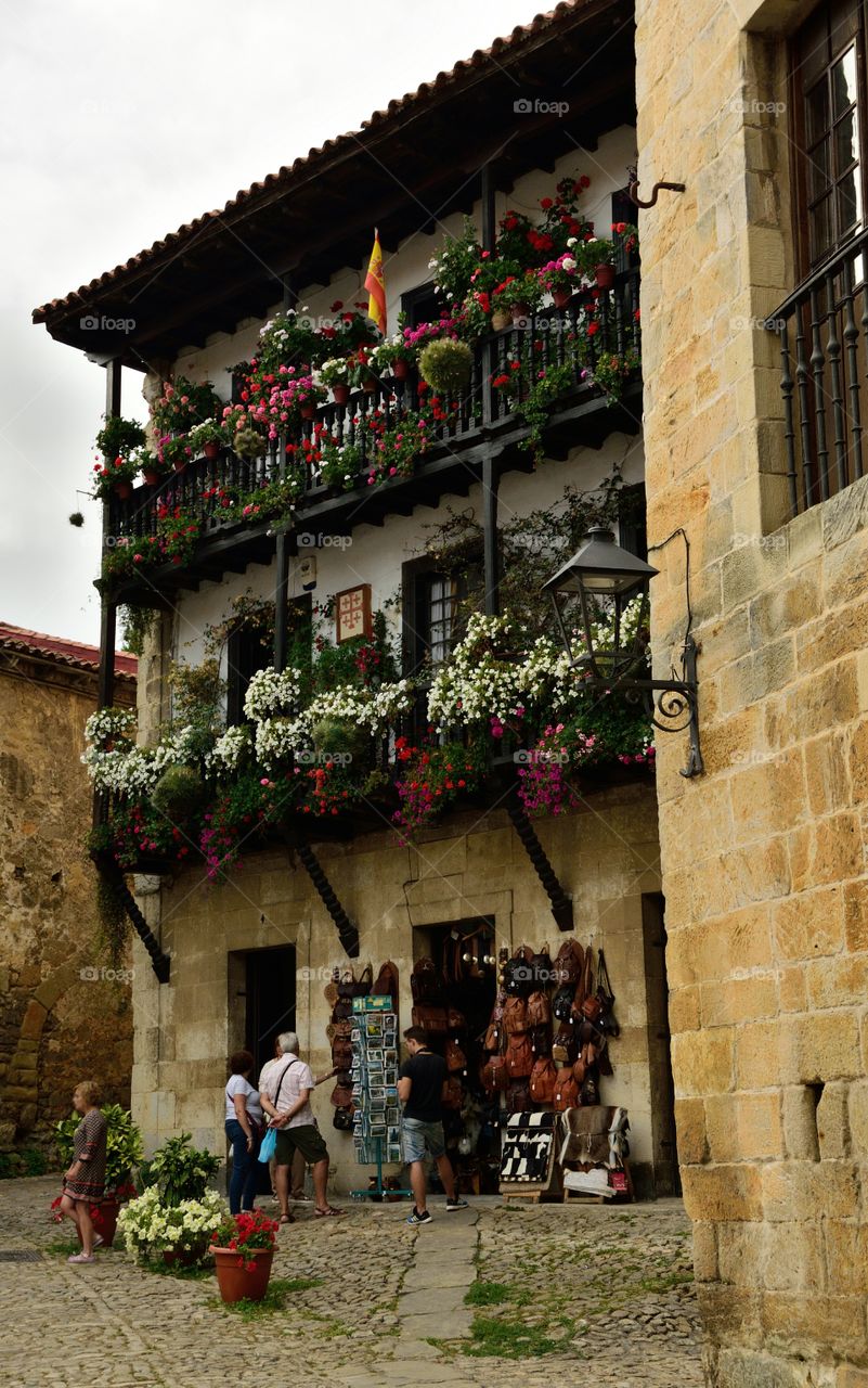 Houses in Plaza Mayor of Santillana del Mar, Cantabria, Spain.