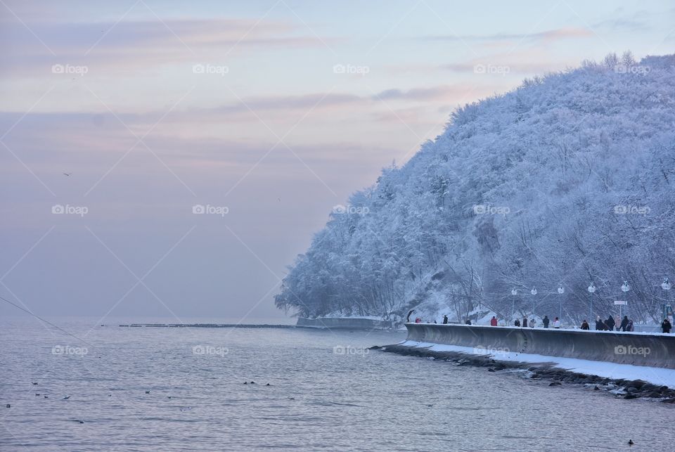winter landscape at the baltic sea coast in gdynia, poland