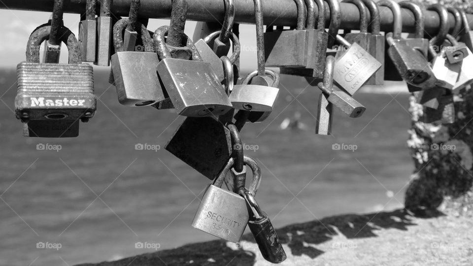 Padlocks on the ramparts of Saint-Malo (B&W)