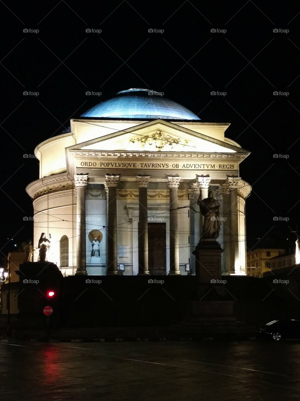 Neoclassical church Gran Madre di Dio at night, Turin, Italy