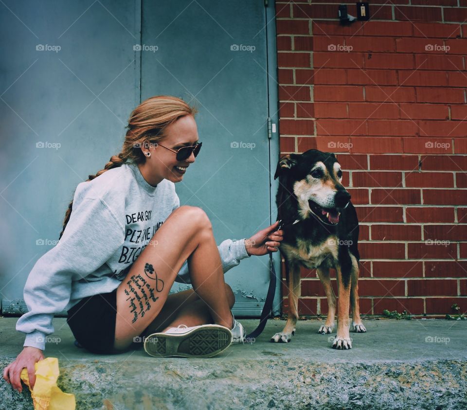 Dog, People, Woman, Canine, Sit