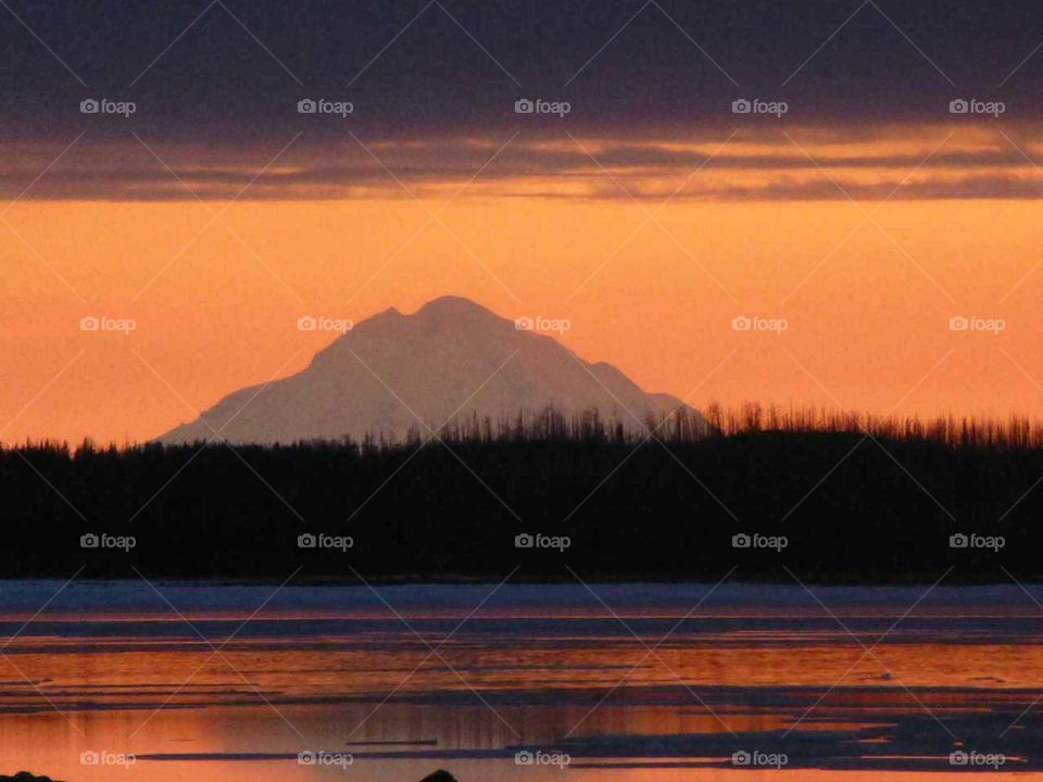 Sunset view of Mt. Redoubt from Skilak Lake, Alaska