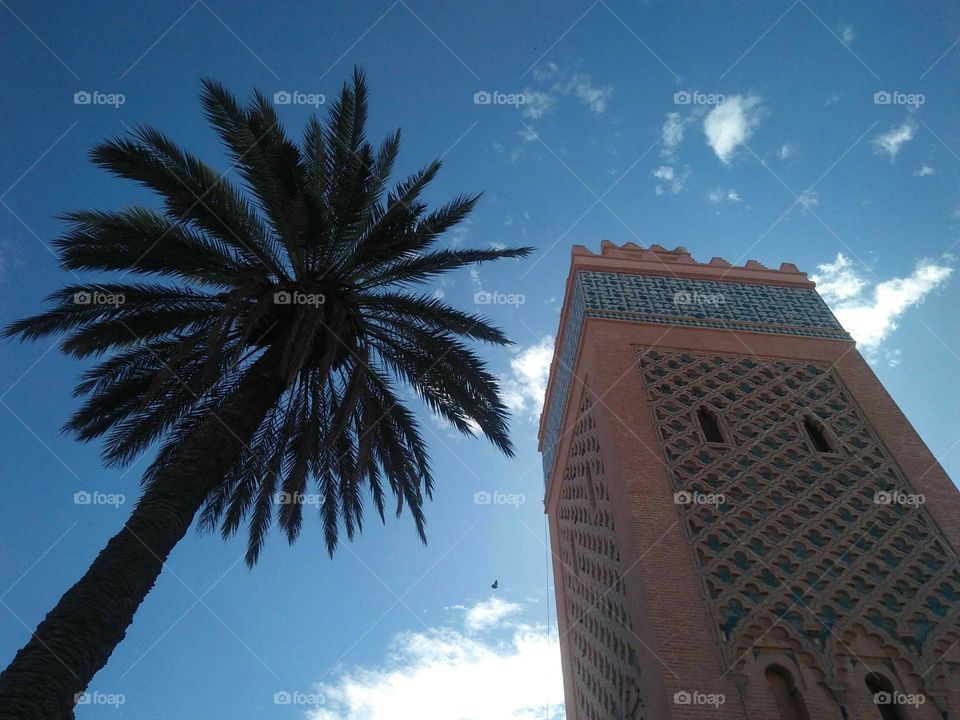 Beautiful architecture:  minaret of kasbah mosque at marrakech city in Morocco.