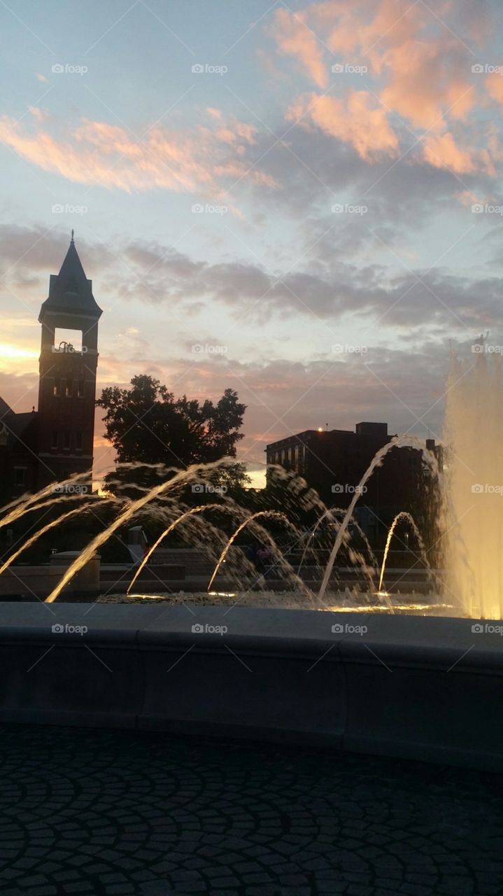 Fountain park at sunset