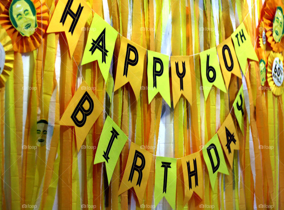Yellow themed party, flaglet, caricature, birthday banner, 60th