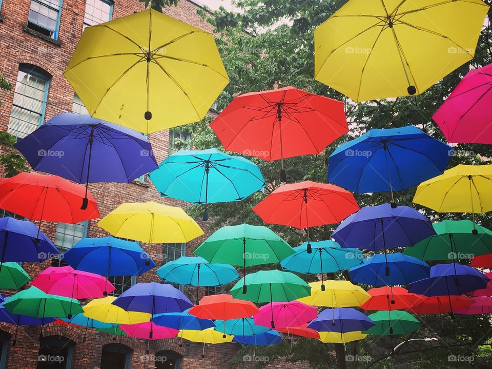Multi coloured umbrellas as part of an at exhibit in Vancouver 