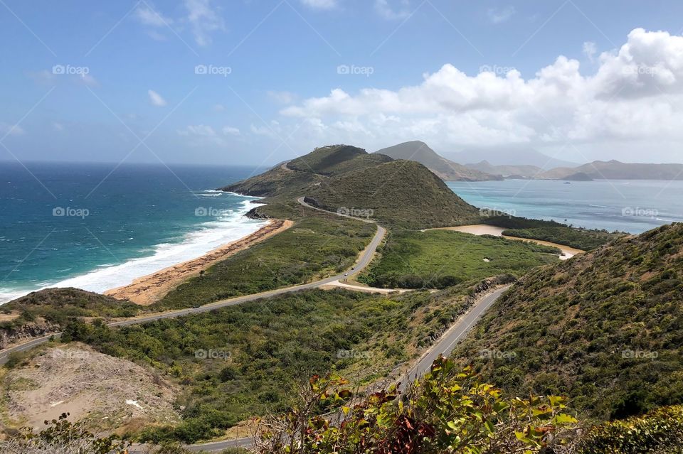 Sir Timothy’s Hill on St. Kitts. Left side is the Atlantic Ocean and Right side is the Caribbean Sea. 