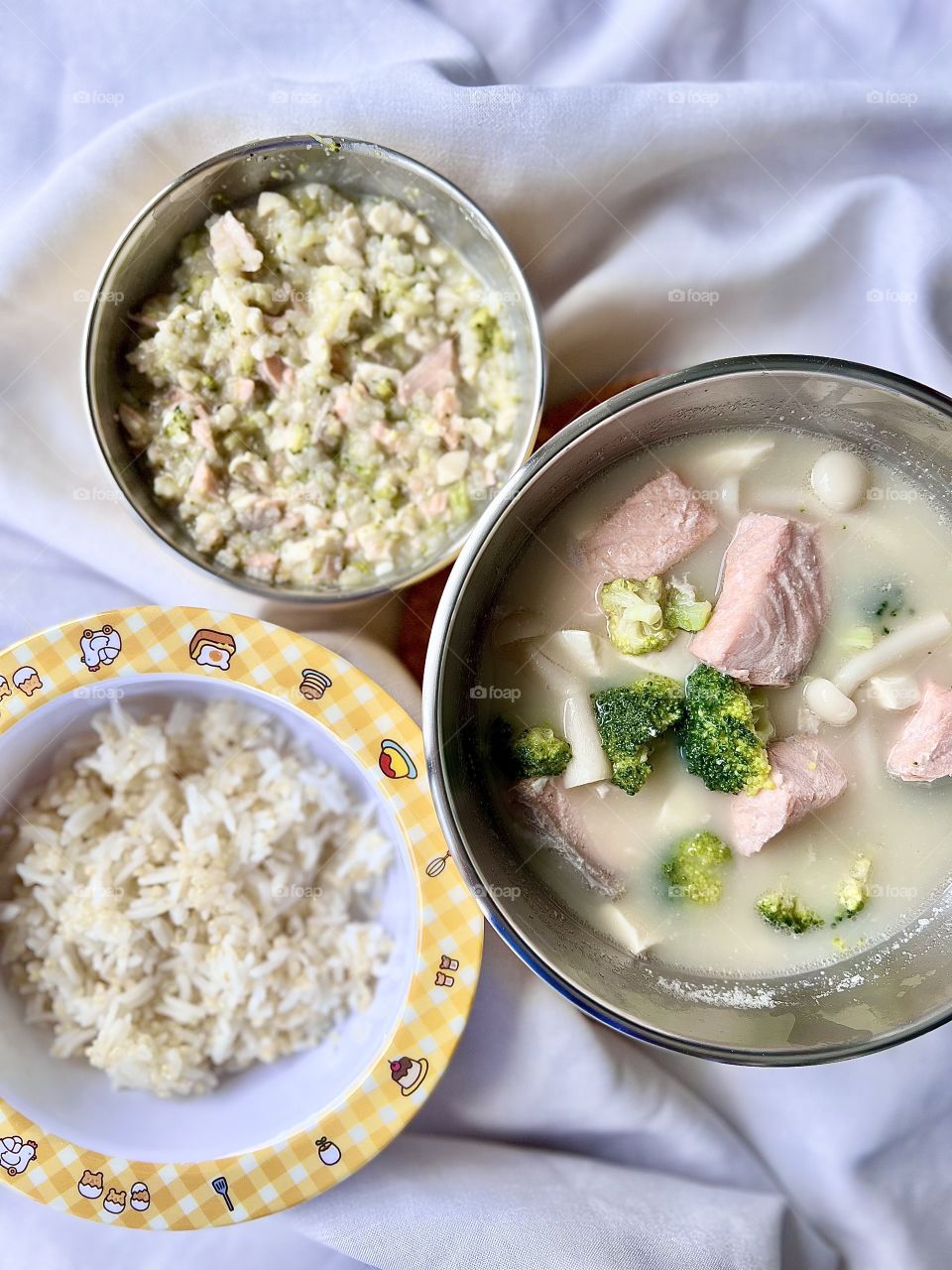 Premium grouper broth soup with broccoli mushrooms and porridge
