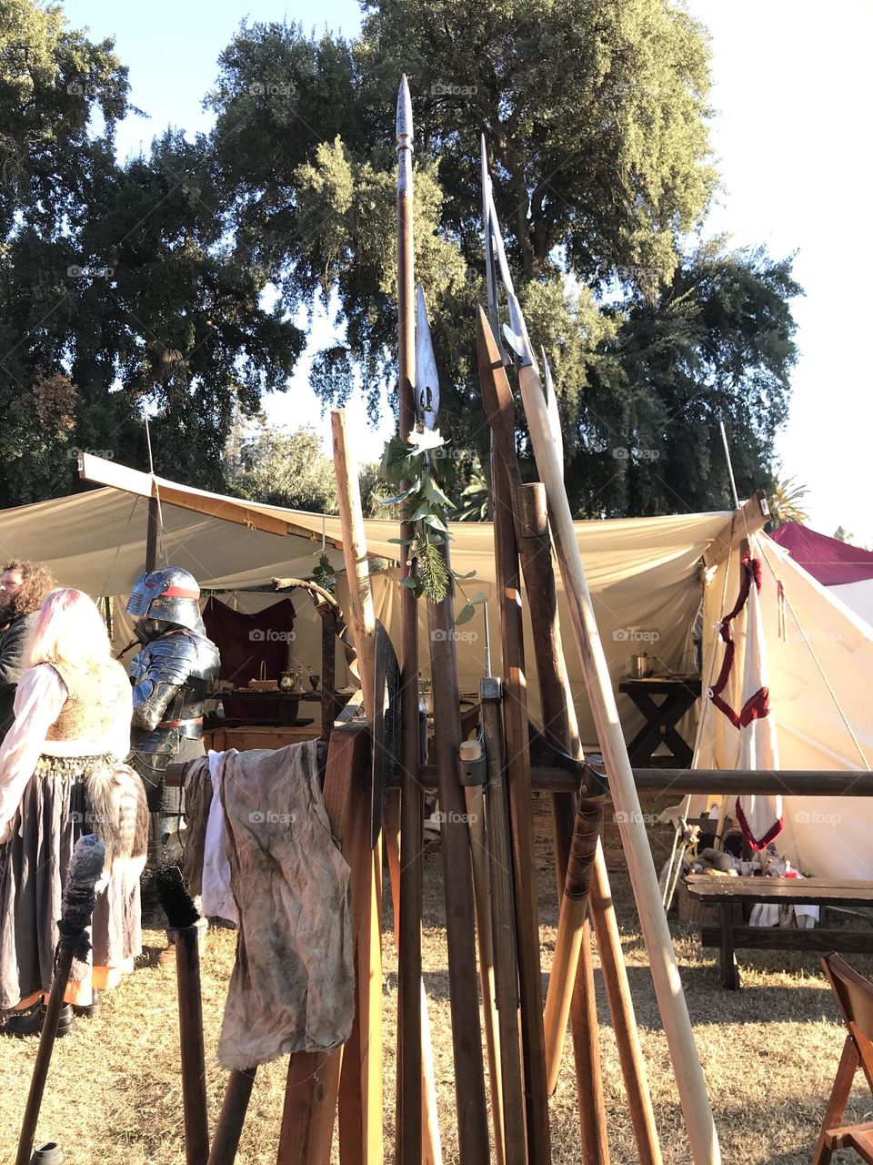 Polearms on display at the Irish Guild Camp during the Renaissance Faire at Kearney Park. 