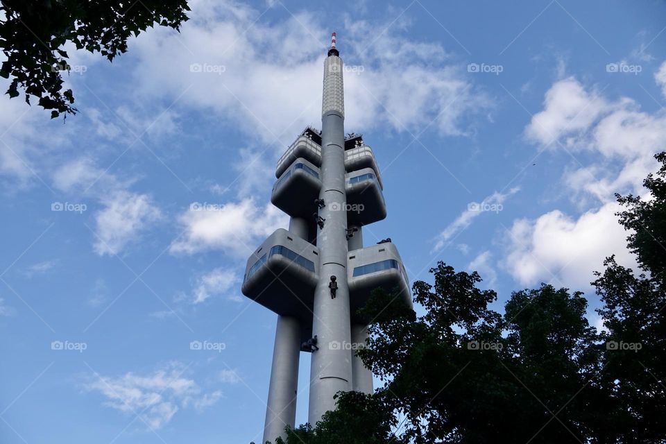 The famous Zizkov Television Tower, unique transmitter tower built in Prague between 1985 and 1992. The tower is an example of high-tech architecture.