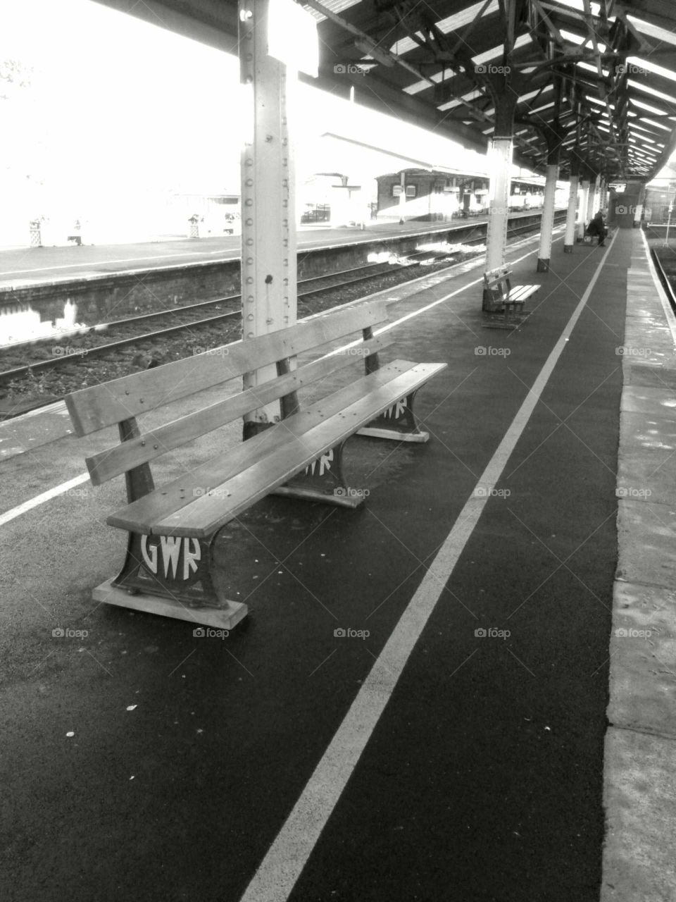 Truro Cornwall Train station monochrome bench on platform 2 old gwr line
