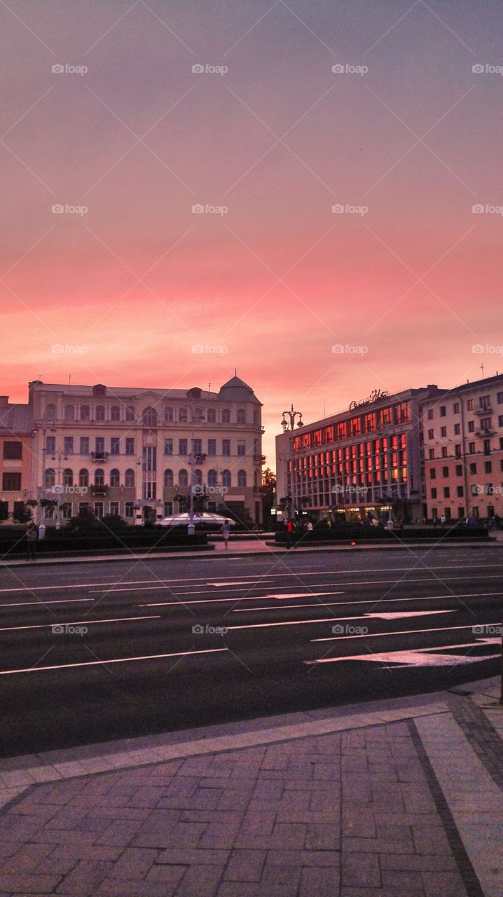 Cityscape in sunset. Narrow street in the city. Minsk, Belarus