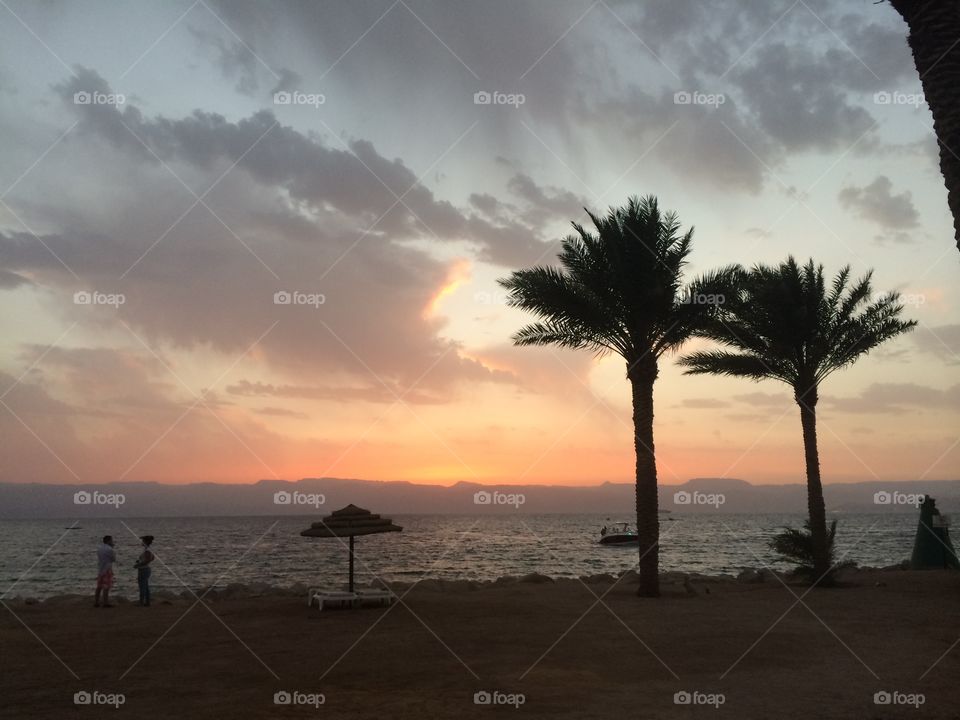 Sun setting over the Red Sea looking over to Egypt 