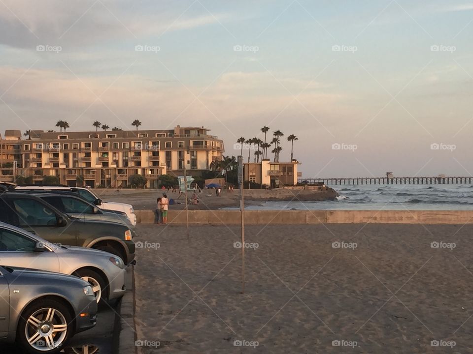 A parking lot near hotel on a beach in California