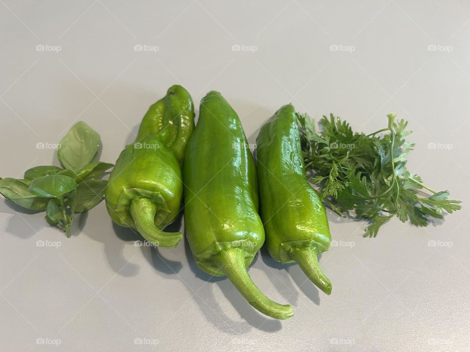 Cubanelle Peppers with Basil and Cilantro Herbs Fresh Produce