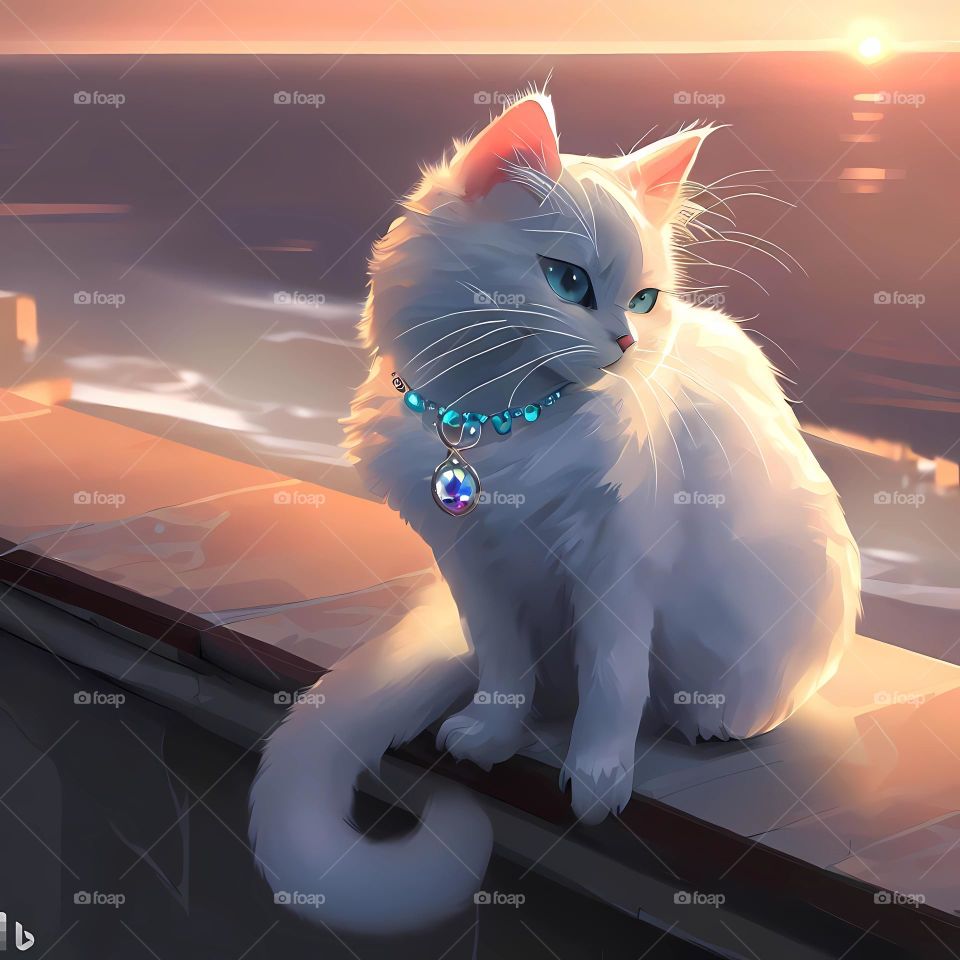 ArtWork for a cat on the balcony wall looking to the sea in the sunset scene . 