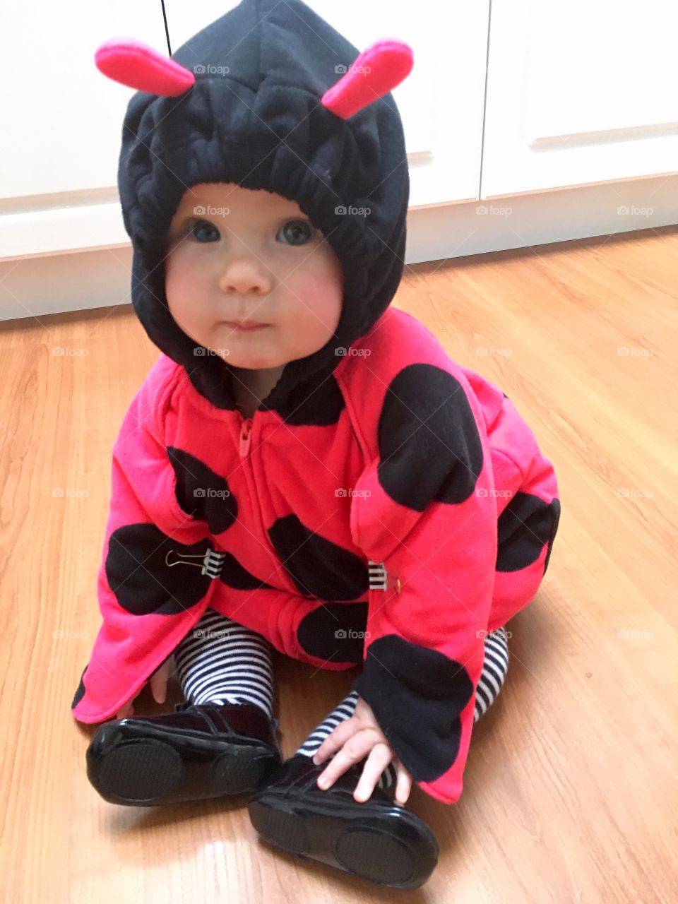 Baby dressed as a ladybug 