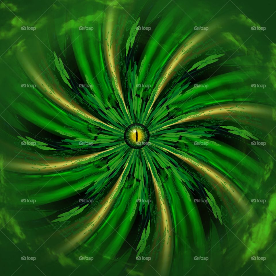 Green psychedelic swirl with 4 leaf clovers and yellow light rays.