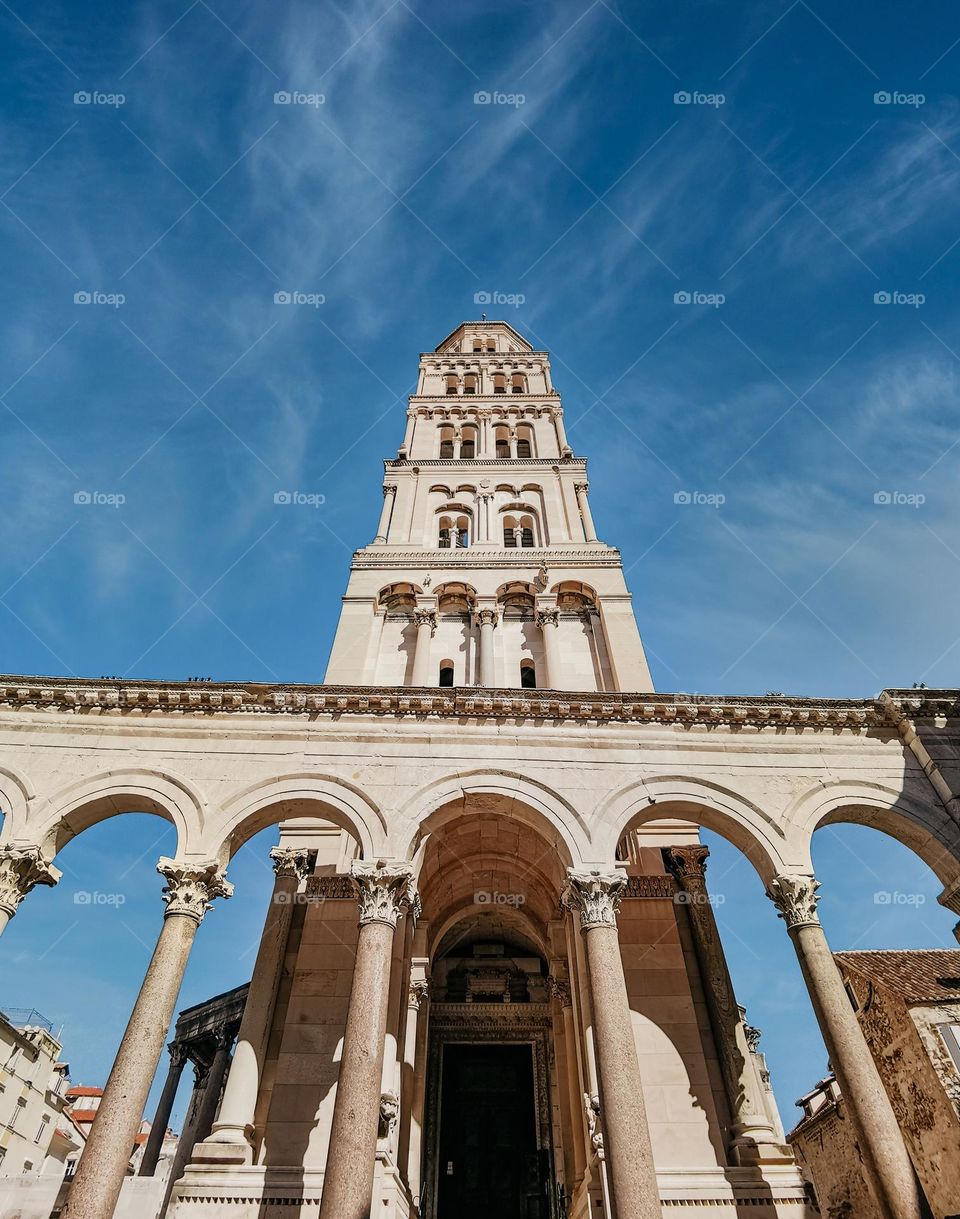 Low angle view of amazing St. Domnius cathedral in Split, Croatia