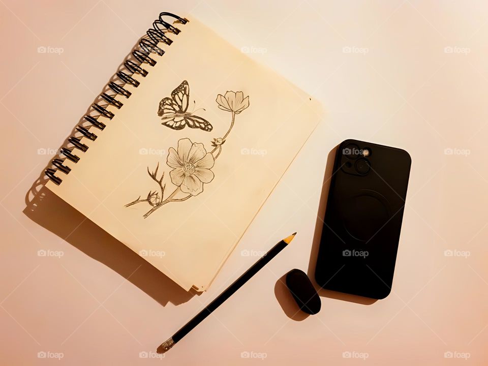This picture represents a notebook with a wonderful drawing of a flower and a butterfly. Next to it, is a phone, an eraser and a pencil.