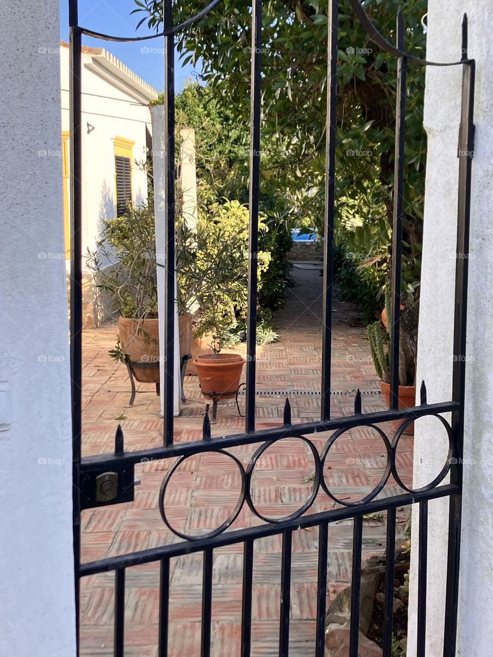 Paved garden behind the gate