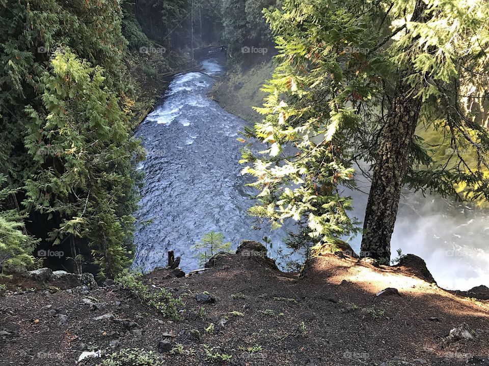 A view of the rushing waters of the McKenzie River in the mountains of Western Oregon close after its drop over Sahalie Falls on a sunny fall day. 