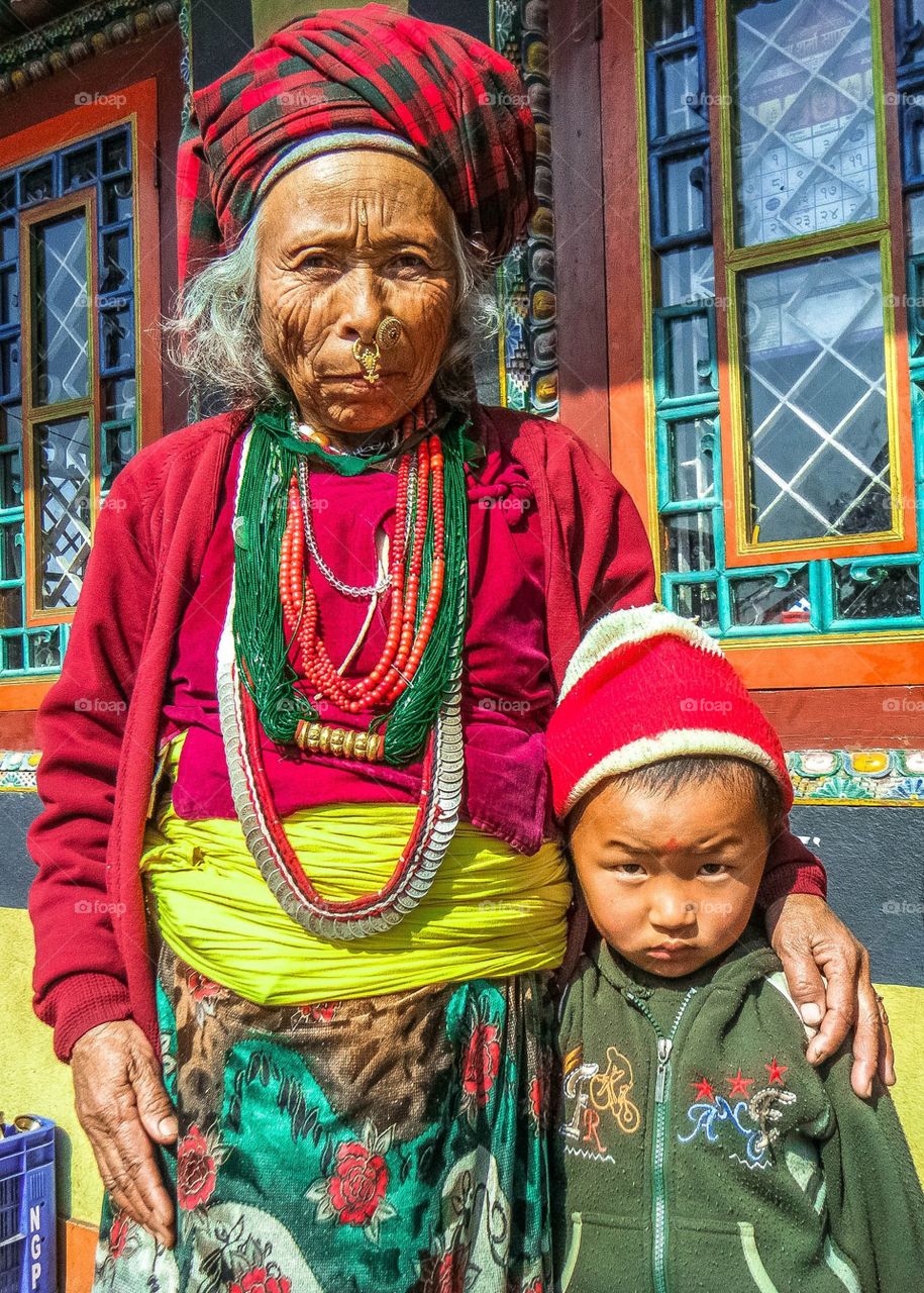 Family. Grandmother and son in Kathmandu.